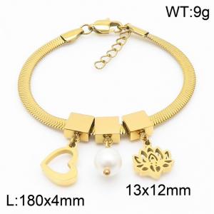 Gold Color Heart Pearl Lotus Flower Pendant Chunky Chain Stainless Steel Bracelets For Women - KB169687-KFC