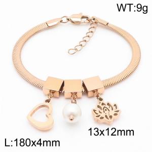 Rose Gold Color Heart Pearl Lotus Flower Pendant Chunky Chain Stainless Steel Bracelets For Women - KB169688-KFC