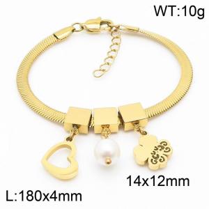 Gold Color Heart Pearl Four Leaf Clover Pendant Chunky Chain Stainless Steel Bracelets For Women - KB169690-KFC