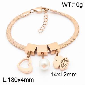 Rose Gold Color Heart Pearl Four Leaf Clover Pendant Chunky Chain Stainless Steel Bracelets For Women - KB169691-KFC