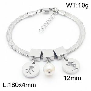 Silver Color Round Person Boy and Girl Pearl Pendant Chunky Chain Stainless Steel Bracelets For Women - KB169695-KFC