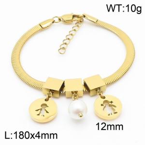 Gold Color Round Person Boy and Girl Pearl Pendant Chunky Chain Stainless Steel Bracelets For Women - KB169696-KFC