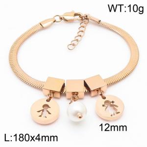 Rose Gold Color Round Person Boy and Girl Pearl Pendant Chunky Stainless Steel Chain Bracelets For Women - KB169697-KFC