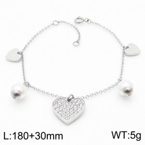 Light weight Silver Stainless Steel Heart Charm Bracelet With Shell Beads & Cubic Zirconia Adjustable Size - KB169962-KLX