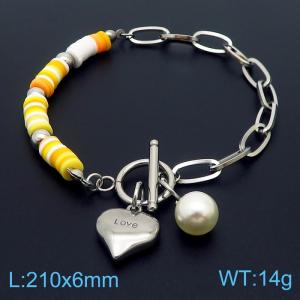 Stainless steel fashionable and minimalist color beaded O-chain heart-shaped pearl pendant silver bracelet - KB170237-NJ