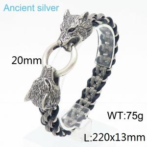 13mm Punk Animal Wolf Charm Bracelets Stainless Steel Leather Wristband Boho Jewelry Ancient Silver Color - KB170278-KJX