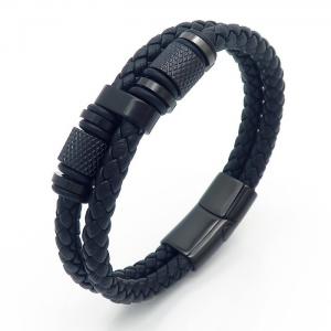 Stainless steel double layer leather rope woven magnetic buckle men's leather bracelet black - KB170737-SJ