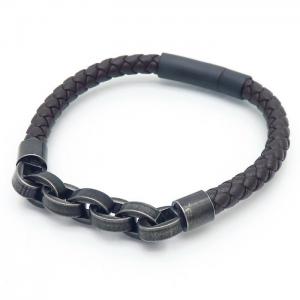 Brown leather rope woven stainless steel ring buckle chain bracelet - KB170754-SJ