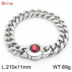 11mm personalized trendy titanium steel polished Cuban chain silver bracelet with red crystal snap closure - KB170828-Z
