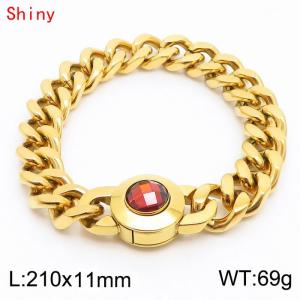 11mm personalized trendy titanium steel polished Cuban chain gold bracelet with red crystal snap closure - KB170829-Z