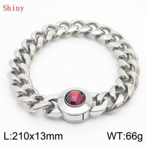 Fashionable and personalized stainless steel 210 × 13mm Cuban Chain Polished Round Buckle Inlaid with Red Glass Diamond Charm Silver Bracelet - KB170921-Z