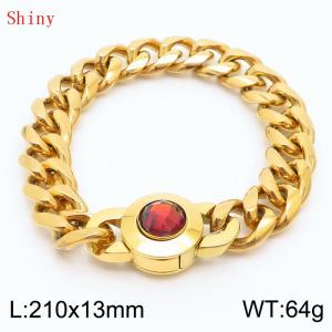 Fashionable and personalized stainless steel 210 × 13mm Cuban Chain Polished Round Buckle Inlaid with Red Glass Diamond Charm Gold Bracelet - KB170922-Z