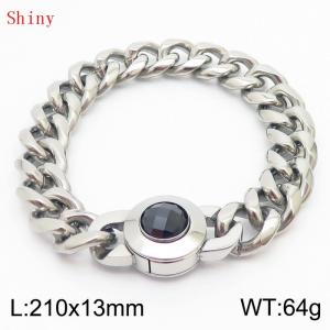 Fashionable and personalized stainless steel 210 × 13mm Cuban Chain Polished Round Buckle Inlaid with Black Glass Diamond Charm Silver Bracelet - KB170924-Z