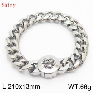 Fashionable and personalized stainless steel 210 × 13mm Cuban Chain Polished Round Buckle Inlaid Skull Head Charm Silver Bracelet - KB170930-Z