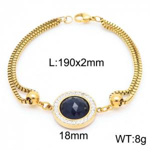 190mm Women Gold-Plated Stainless Steel&Rhinestones Box Chain Bracelet with Black Zircon Charm - KB171179-Z