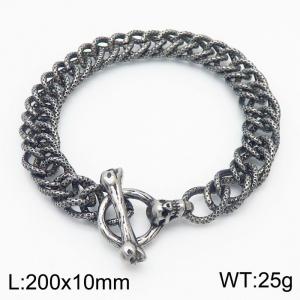Fashion 200×10mm Embossed Double Layer Thick Chain Skull Head Ancient Silver OT Buckle Temperament Retro Boiled Black Bracelet - KB179425-Z