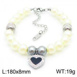 Diamond Heart Steel Pendant Stainless Steel Pearl Bracelet - KB179793-SP