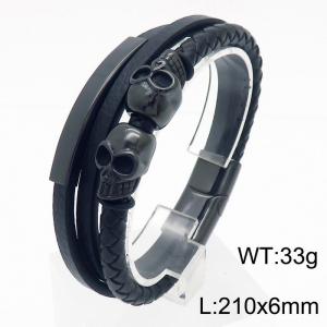 21cm stainless steel plated black skull woven multi-layer stainless steel leather bracelet - KB180009-YY