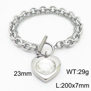 200x7mm Silver Stainless Steel Crystal Heart Charm Bracelet - KB180062-Z