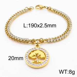 Double Bracelets 18k Gold Plated Stainless Steel Hollow Tree of Life Pendant Jewelry With Zircon - KB180207-Z