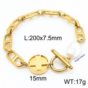 Japanese character chain cross round pendant OT buckle pearl gold stainless steel bracelet - KB180383-Z