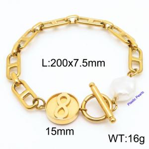 Japanese character chain 8-shaped round pendant OT buckle pearl gold stainless steel bracelet - KB180385-Z
