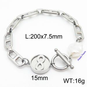 Japanese character chain 8-shaped round pendant OT buckle pearl steel color stainless steel bracelet - KB180386-Z