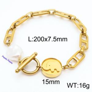 Japanese character chain elephant round pendant OT buckle pearl gold stainless steel bracelet - KB180387-Z