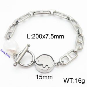 Japanese character chain elephant round pendant OT buckle pearl steel color stainless steel bracelet - KB180388-Z