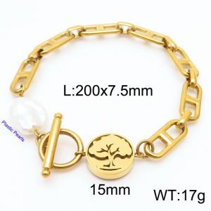 Japanese Character Chain Tree of Life Round Pendant OT Buckle Pearl Gold Stainless Steel Bracelet - KB180389-Z