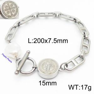 Japanese character chain religious round pendant OT buckle pearl steel color stainless steel bracelet - KB180391-Z
