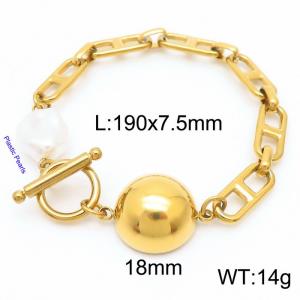 Japanese character chain half round pendant OT buckle pearl gold stainless steel bracelet - KB180392-Z
