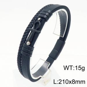 Double layer woven leather rope ten shaped black magnetic buckle stainless steel bracelet - KB180740-JR