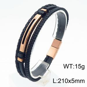 Multi layer woven leather rope rose gold stainless steel bracelet - KB180742-JR