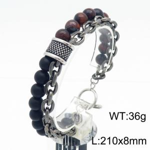 210x8mm Beads and Stainless Steel Double Chain Bracelet Men With OT Clasp Silver Color - KB182645-TLX