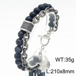210x8mm Black Beads and Stainless Steel Double Chain Bracelet Men With OT Clasp Silver Color - KB182646-TLX