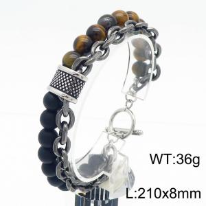 210x8mm Brown Beads and Stainless Steel Double Chain Bracelet Men With OT Clasp Silver Color - KB182647-TLX