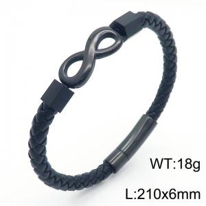 210x6mm Stainless Steel Infinity 8 Charm Bracelet Men Leather Black Color - KB182680-JR