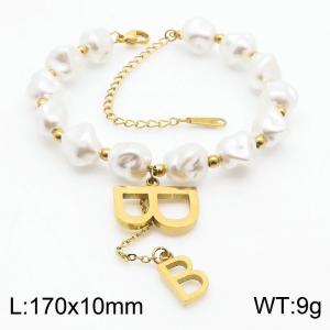 European and American fashion stainless steel creative double B-letter tassel accessories fashion pearl gold bracelet - KB182708-CM