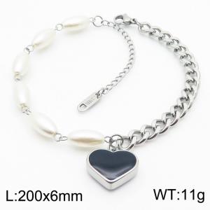 200mm Women Stainless Steel&Shell Links Bracelet with Black Enamel Love Heart Charm - KB182745-SP