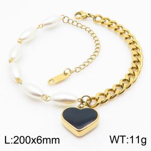 200mm Women Gold-Plated Stainless Steel&Shell Links Bracelet with Black Enamel Love Heart Charm - KB182746-SP