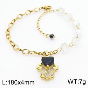 180mm Women Stainless Steel Chain Bracelet with Black Gem Fatima Hand Charm - KB182749-SP