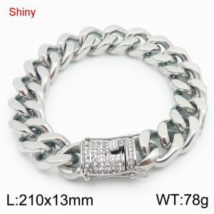 Shiny Stainless Steel 304 Rhinestone Buckle Cuban Bracelet Men's Silver Color - KB184719-Z