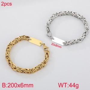 Fashionable Titanium Steel V-shaped Emperor Chain Bracelet with Small Square Brand, Two Piece Set in Gold and Steel Colors - KB185233-Z