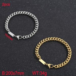 Fashionable Titanium Steel Cuban Bracelet with Small Square Brand, Two Piece Set in Gold and Steel Colors - KB185238-Z