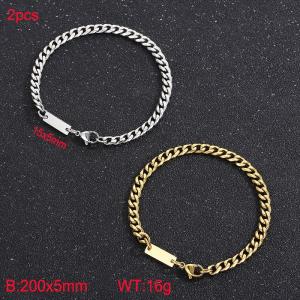 Fashionable Titanium Steel Cuban Bracelet with Small Square Brand, Two Piece Set in Gold and Steel Colors - KB185240-Z