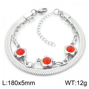 5mm Snake Chain Double Chain Stainless Steel Bracelet With Red Stone Flower Pendant Silver Color - KB185363-ZC