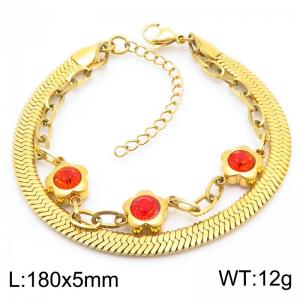 5mm Snake Chain Double Chain Stainless Steel Bracelet With Red  Stone Flower Pendant Gold Color - KB185366-ZC