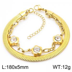 5mm Snake Chain Double Chain Stainless Steel Bracelet With White  Stone Flower Pendant Gold Color - KB185367-ZC