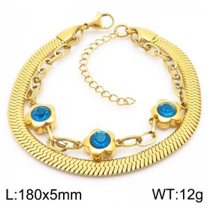 5mm Snake Chain Double Chain Stainless Steel Bracelet With Blue  Stone Flower Pendant Gold Color - KB185368-ZC